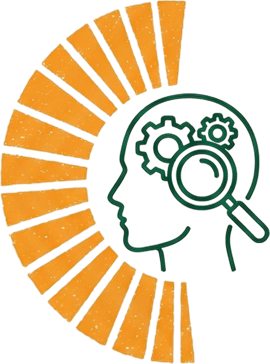 Illustration of human head with magnifying glass and gears