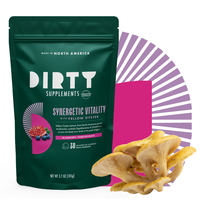 Dirty Supplements Synergetic Vitality with Yellow Oyster Blueberry Pomegranate 30-count mushroom gummies dietary supplement pouch displayed with fresh yellow oyster mushrooms