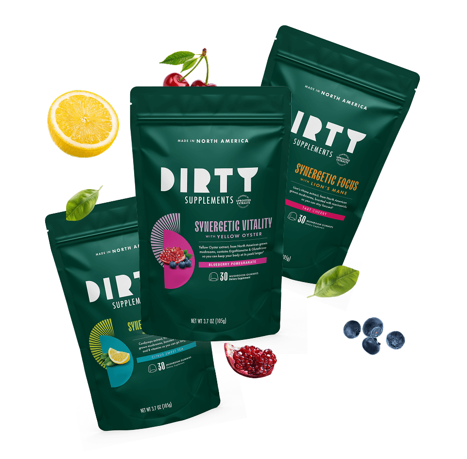 Dirty Supplements mushroom gummy packets in three flavors with fresh fruit