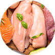 Fresh raw chicken breast with assorted proteins, circular crop