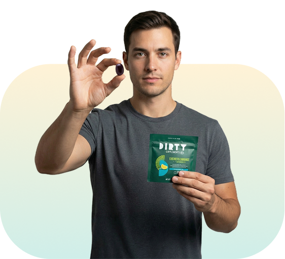 Man holding green supplement gummy and Dirty Supplements package