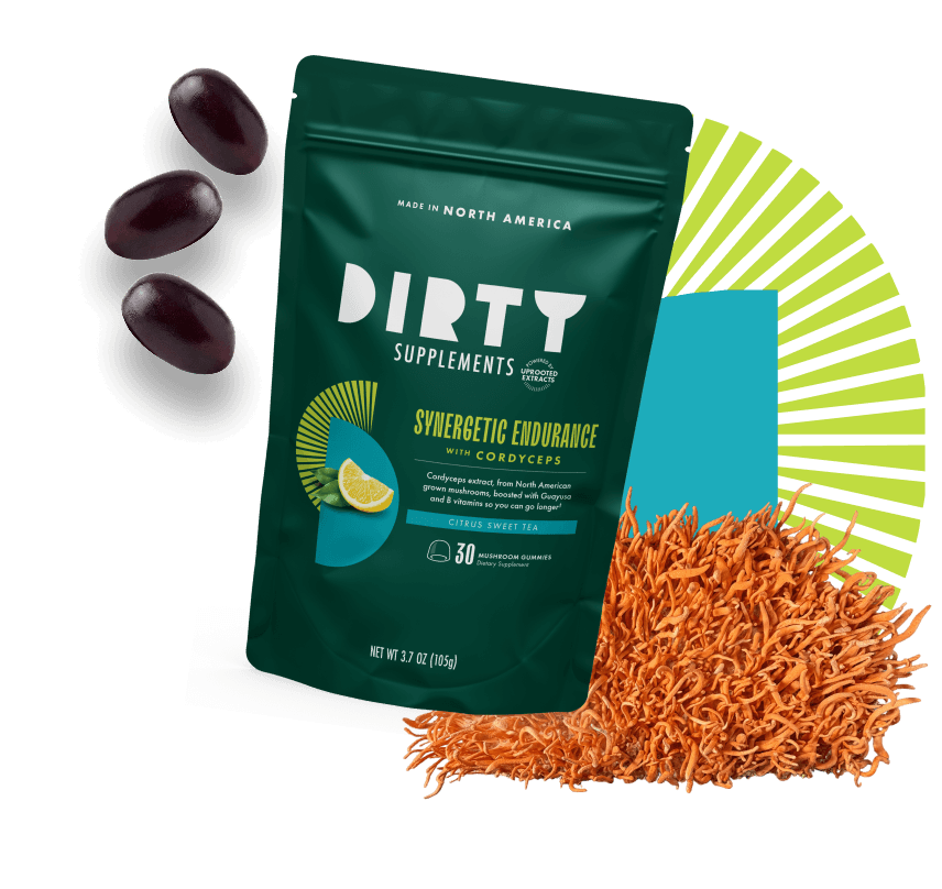 Dirty Supplements Synergetic Endurance Cordyceps gummies with citrus flavor and mushroom extract blend in pouch packaging