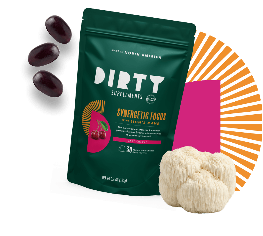 DIRTY Supplements Synergetic Focus with Lion's Mane Tart Cherry mushroom gummies pouch, displayed with fresh lion's mane mushroom and tart cherries