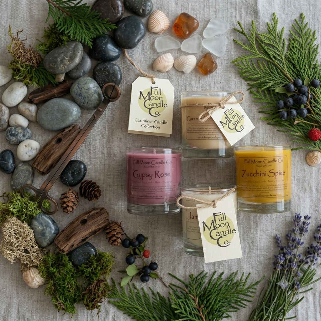 Picture of Pebble, Herbal, Herbs, Plant, Can, Tin with text Moon Full Candle Caran Container Candle ...