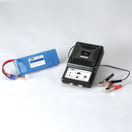 The included Li-Po battery charger will charge the 3200mAh flight battery in about 60 minutes. Just connect the charger to your favorite 12V power source using the convenient alligator clips.