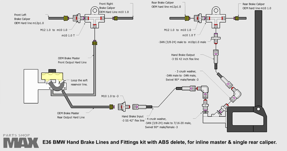 E36 Hand Brake lines and fittings kit w/ ABS Delete for Inline Master
