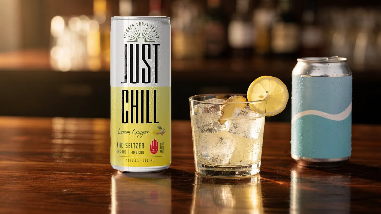 A can of Just Chill Lemon Ginger infused craft tonic beside a glass over ice with a ginger slice and lemon wheel, next to a plain seltzer can on a wooden bar.