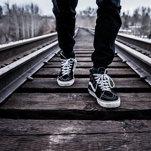 Picture of Clothing, Apparel, Railway, Transportation, Person, Shoe, Footwear