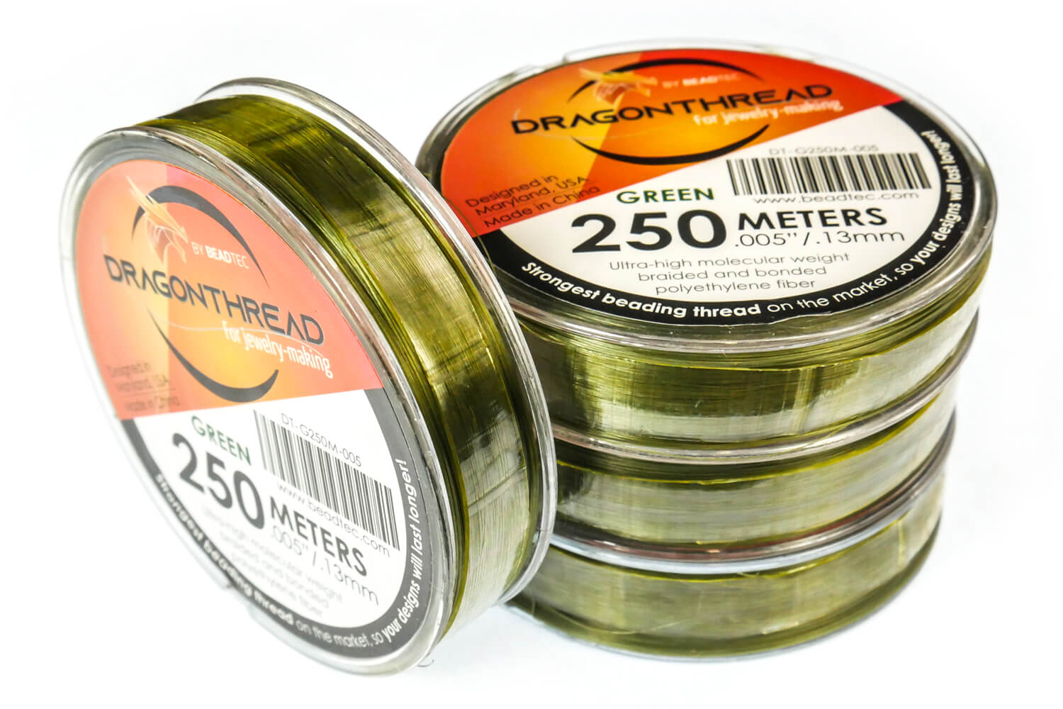 Picture of Can, Tin with text GREEN Designed in last beadtec.com Made in China 250 METERS BY BEADTEC...