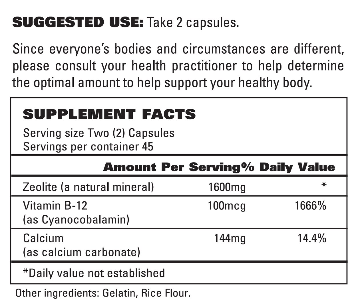 Zeolite Capsules with Vitamin B12 and Calcium