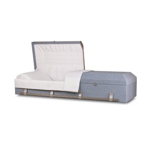 Emerson cloth-covered casket in blue with hinged head-end lid open