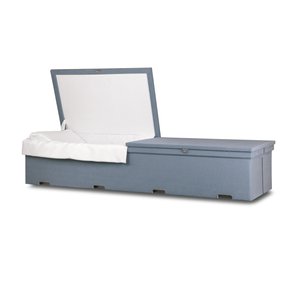 Unity cloth-covered casket in blue with a hinged lid open and interior display.