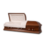 Hardwood burial casket made from select wood with a deep chestnut satin finish, displayed open with a rosetan crepe shirred interior