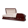A casket made from cherry hardwood with a deep sedona cherry satin finish and an arbutus velvet tailored interior. The casket is displayed open and from the side view.