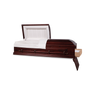 Accord Ceremonial Rental Casket with the head end lid open and the foot end door open to reveal the corrugated rental insert inside. The exterior has a dark satin stain.