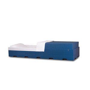 A side view of the Oversize Transporter Alternative Cremation Container with the foot-end lid in place. The white fabric interior is in place, It has a blue printed exterior and there are plastic molded handles placed along the bottom perimeter of the box.
