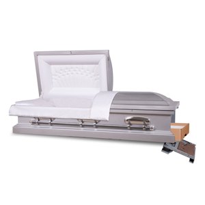 A front angle view of an open, metallic silver casket against a white background. The casket lid is partially closed at the foot end, showcasing the silver finish and the contrasting plush white interior lining. The head end of the lid is open, revealing a detailed tufted design on the interior panel. Sturdy metal handles are affixed to the sides of the casket.