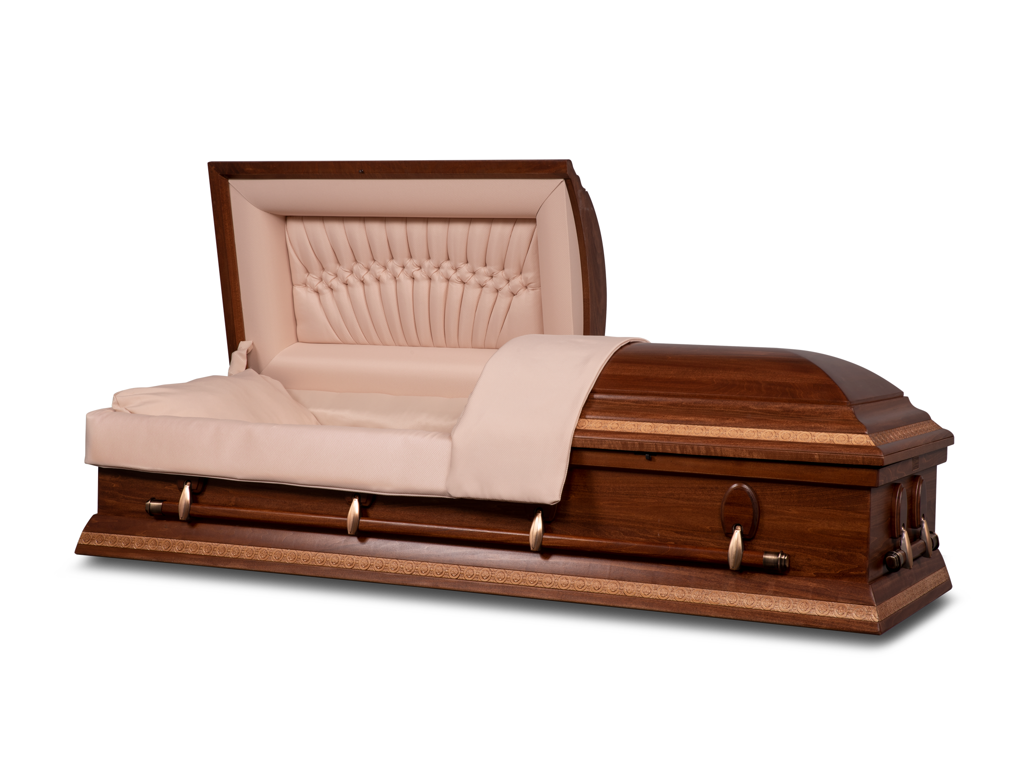Hardwood burial casket made from select wood with a deep chestnut satin finish, displayed open with a crème brûlée basketweave tailored interior