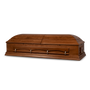 A side view of a closed ceremonial rental casket on a white background. The rental casket has a satin-stained wood exterior. The foot end of the lid is closed, highlighting the smooth wood finish and the metal bar handles on the side. The casket's design suggests a blend of modern and traditional funeral styles.