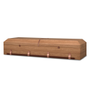 Carrollton artisan cremation casket shown in Golden Oak print and with the hinged lid close