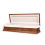A side view of an open full couch, empty ceremonial rental casket on a white background. The rental casket has a satin-stained wood exterior and a rosetan or off-white crepe interior Baker Pipe head panel. The foot end of the lid is closed, highlighting the smooth wood finish and the metal bar handles on the side. The casket's design suggests a blend of modern and traditional funeral styles.
