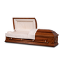 Hardwood burial casket made from  oak with an oak satin finish, displayed open with a rosetan crepe shirred interior