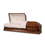A casket made from select wood with a deep chestnut satin finish and a rosetan crepe shirred interior. The casket is displayed open and from the side view.