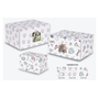 A variety of sizes of white corrugated boxes with animal themed print design. The two larger boxes have a window on the front side that displays a photograph.