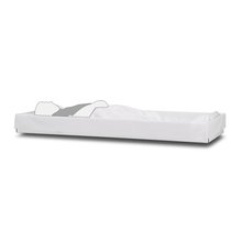 Coverlet Alternative cremation container made from white fiberboard with a writable surface, wood-reinforced sides, and side hand holds.