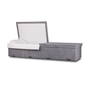 Unity cloth-covered casket in gray with a hinged lid open and interior display.