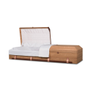 Carrollton artisan cremation casket shown in Golden Oak print and with the hinged lid open to reveal the fabric interior.