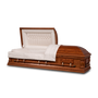 An oak wood casket from the side view with a domed lid  and an arbutus velvet interior.