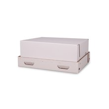 Pet removal and cremation tray with a base that has handles punched out on the side and a box lid. the tray is made from white corrugation