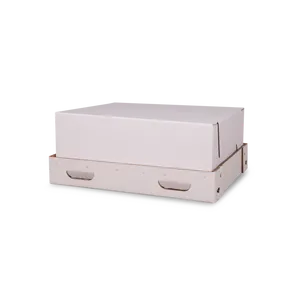 Pet removal and cremation tray with a base that has handles punched out on the side and a box lid. the tray is made from white corrugation