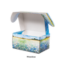 Printed corrugate box with a flower field printed theme shown with lid open and white interior sized to fit a standard sure lock temporary
