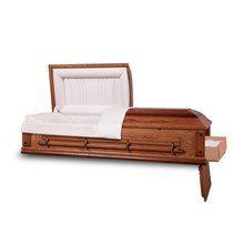 Oakwood Ceremonial Rental Casket with the head end lid open and the foot end door open to reveal the corrugated rental insert inside.