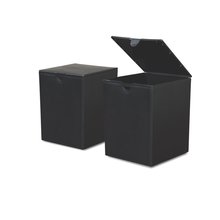 Two black plastic temporary urns sitting side by side with one lid open and one with the lid closed.