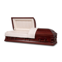 Hardwood burial casket made from select wood with a cherry satin finish, displayed open with an arbutus velvet shirred interior