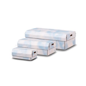Three child containers boxes with lids displayed with a cloud print each a different size 