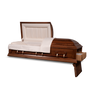 A diagonally front-oriented view of an open, empty casket against a dark background. The casket has a smooth, chestnut finish with a slightly reflective sheen and features metallic swing bar handles on its sides. The interior is upholstered with a white satin fabric, including a padded mattress and a tufted pillow headrest. The foot end of the casket lid is closed, emphasizing the casket's half-open state.