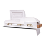Forte Ceremonial Rental Casket, painted white with gold accents, with the head end lid open and the foot end door open to reveal the corrugated rental insert inside.
