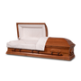 Maple wood casket with a maple satin finish. The interior is a shirred arbutus velvet