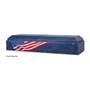 Vista Artisan Alternative Cremation Container with Patriot print shown with both lids in place. The patriot print is a deep blue with an American flag appearing to drape the basic cremation box.