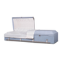 Carrollton artisan cremation casket shown in Cadet Blue print and with the hinged lid open to reveal the fabric interior.