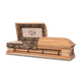 Hardwood burial casket made from hickory with a natural hickory satin finish, displayed open with a camo Realtree tailored interior