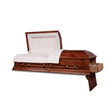 A diagonal front view of an open, empty wooden casket against a dark background. The casket has a warm, natural wood finish with visible grain, giving it a traditional and dignified look. It features a beige interior with a simple, elegant design, including a pillow and lining that appears soft to the touch. The casket's lid is propped open, showing the design continuity from the interior to the headrest.