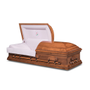 A Maple wood casket with the lid open. The  pink velvet tailored interior features a rose flower accent in the center of the head panel. The casket has a provincial maple satin finish.