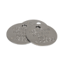 Three Silver metal tracking discs with a hole punched in the top of each and words and number pressed into the metal
