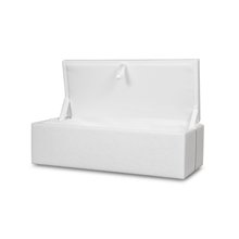 White cloth-covered infant Child Unit cremation casket shown with the hinged lid open.
