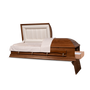 A side view of an open, empty ceremonial rental casket on a white background. The rental casket has a satin-stained wood exterior and a rosetan or off-white crepe interior Baker Pipe head panel. The foot end of the lid is opened, highlighting the smooth wood finish and the metal bar handles on the side. The casket's design suggests a blend of modern and traditional funeral styles.